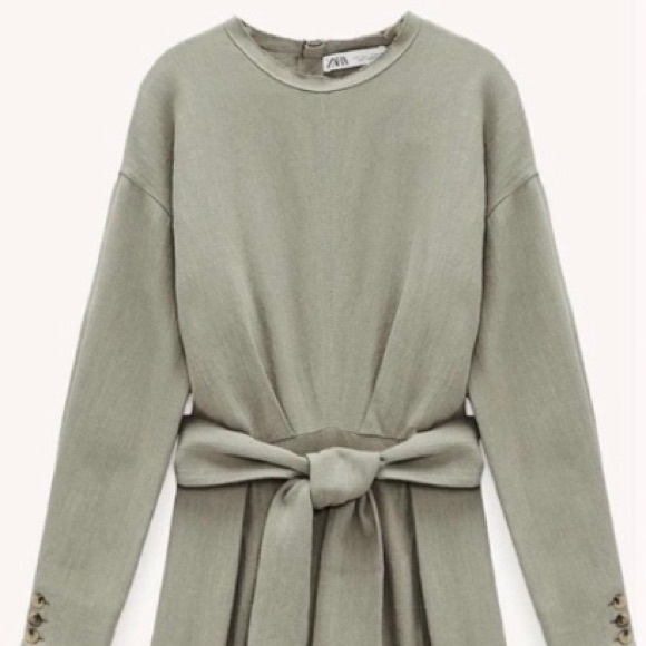 ZARA Linen Blend Midi Dress with Tie Belt Size Large Khaki - Picture 1 of 5